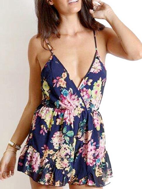 Romwe Deep V Neck Florals Chiffon Black Jumpsuit