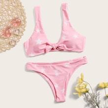 Romwe Random Star Print Knot Top With High Leg Bikini Set