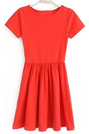 Romwe Round Neck Pleated Slim Red Dress