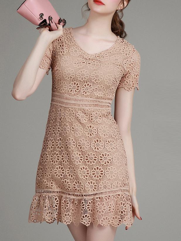 Romwe Brown V Neck Crochet Hollow Out Dress