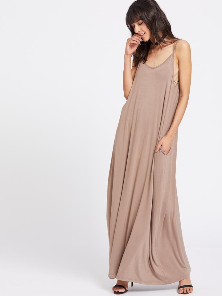 Romwe Double Scoop Neck Side Pocket Maxi Cami Dress