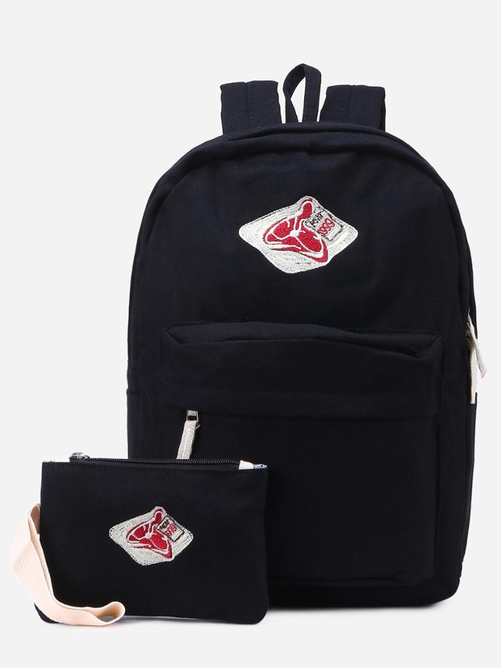 Romwe Black Front Zipper Canvas Backpack With Clutch