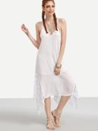 Romwe White Backless Lace Splicing Handkercheif Hem Strap Dress