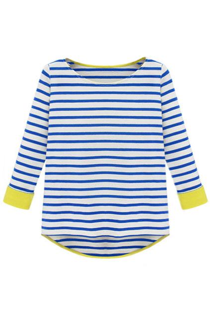 Romwe Long Sleeve Blue Striped Dipped Hem T-shirt