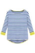 Romwe Long Sleeve Blue Striped Dipped Hem T-shirt