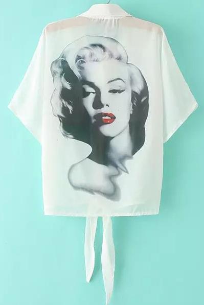 Romwe Lapel With Pockets Monroe Print Chiffon White Blouse
