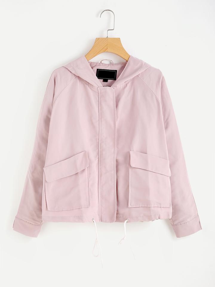 Romwe Raglan Sleeve Flap Pocket Front Hooded Jacket