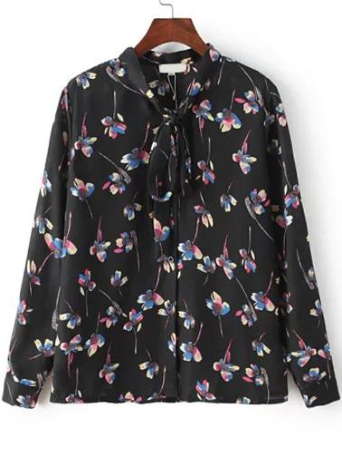 Romwe Self-tie Bow Florals Blouse