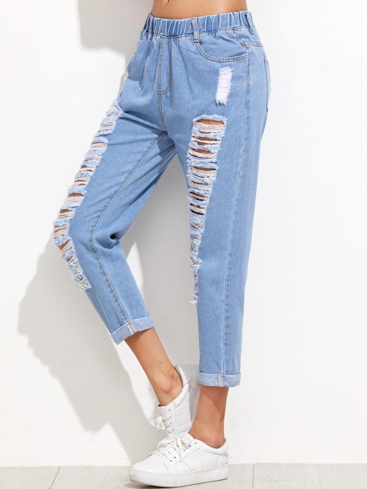 Romwe Blue Distressed Cuffed Jeans