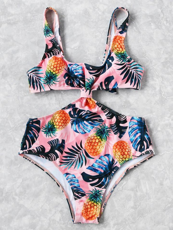 Romwe Tropical Print Knot Front Cutout Monokini