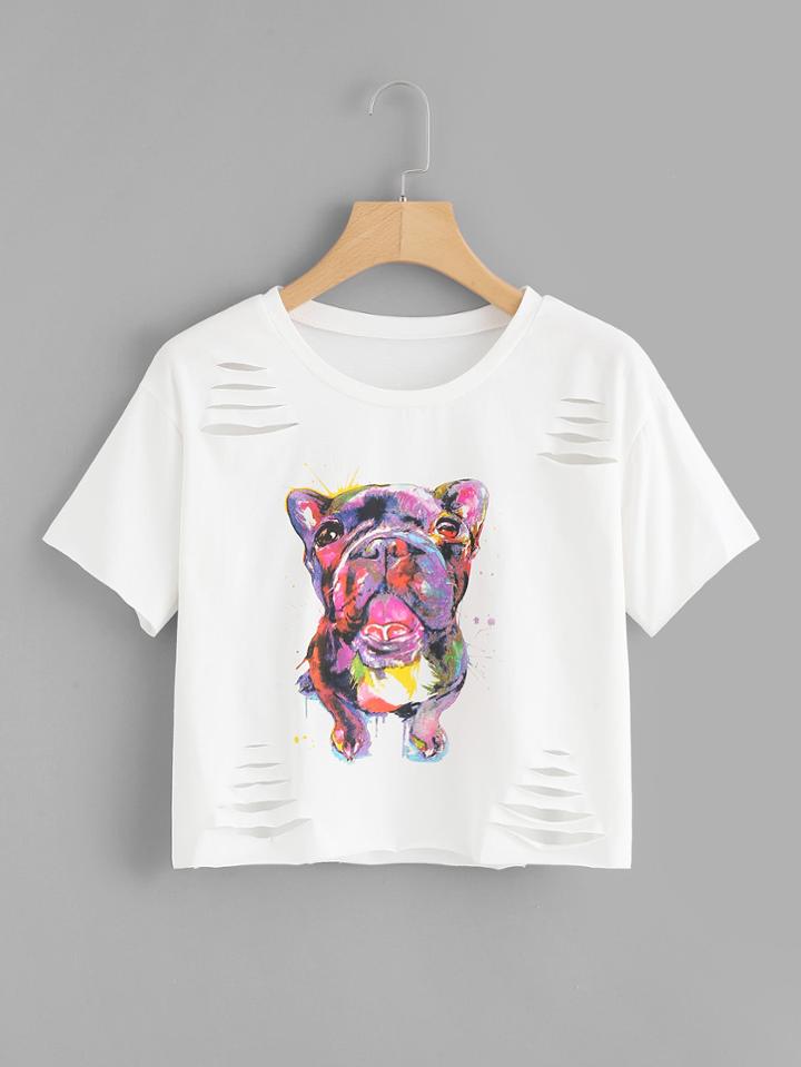 Romwe Puppy Print Ripped Crop Tee