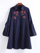 Romwe Flower Embroidery Lantern Sleeve Dress