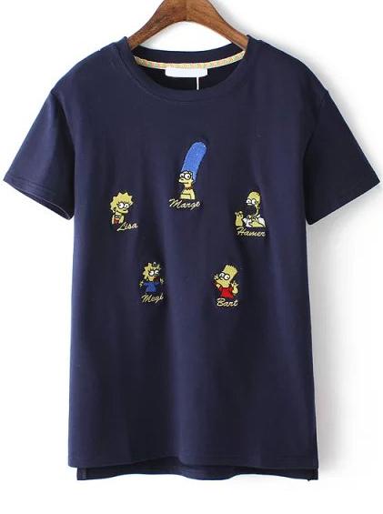 Romwe Dip Hem Simpson Embroidered Navy T-shirt