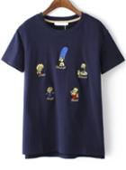 Romwe Dip Hem Simpson Embroidered Navy T-shirt