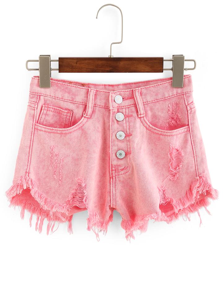 Romwe Frayed Buttoned Fly Denim Shorts - Pink