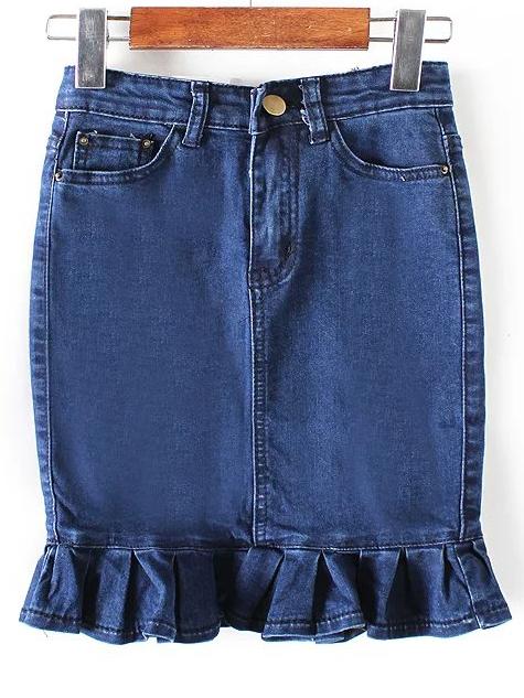 Romwe Flounce Denim Bodycon Blue Skirt