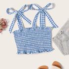 Romwe Tie Strap Frilled Gingham Shirred Top