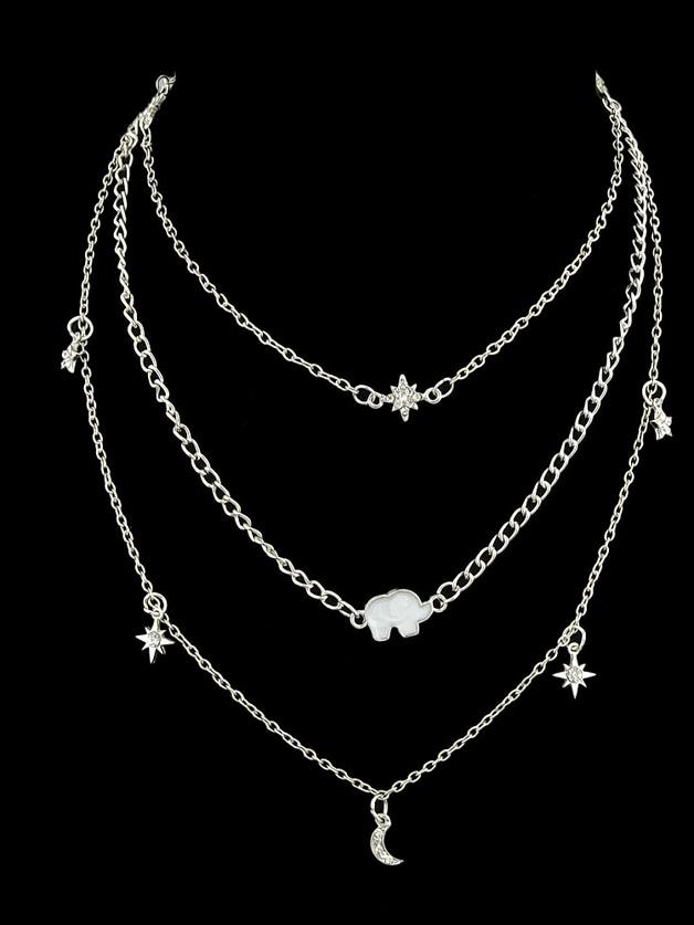 Romwe Silver Multi Layer Chain Necklace Long Chain With Rhinestone Star Moon Elephant Charms Necklace