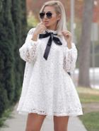Romwe Lantern Sleeve Flower Lace Overlay Ruffle Tied Neck Dress