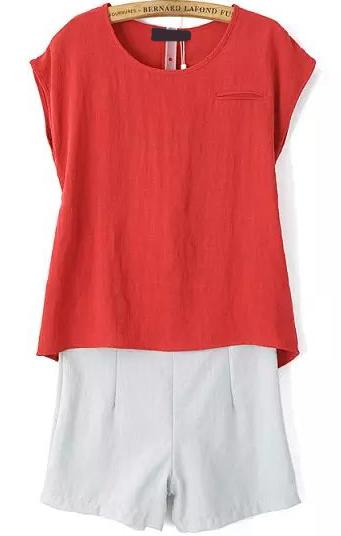 Romwe Round Neck Loose Red Top With Zipper Shorts