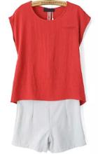 Romwe Round Neck Loose Red Top With Zipper Shorts