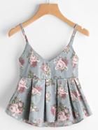 Romwe V Neckline Floral Print Pleated Cami Top