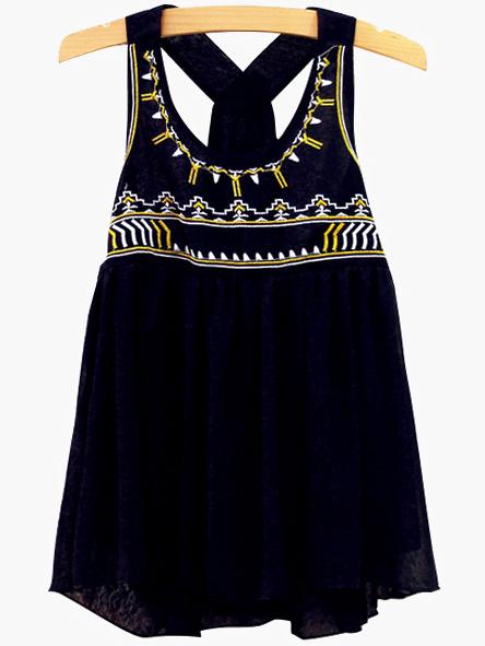 Romwe Navy Embroidered Y Back Top