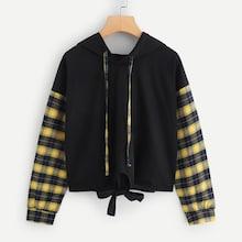 Romwe Plaid Panel Knot Hem Drawstring Hoodie
