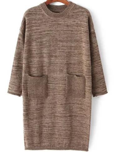 Romwe Long Sleeve Coffee Sweater Dress With Pockets