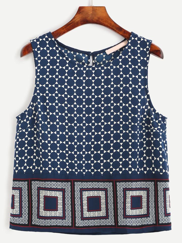 Romwe Navy Keyhole Back Geometric Print Sleeveless Top