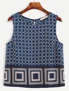 Romwe Navy Keyhole Back Geometric Print Sleeveless Top