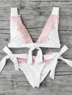 Romwe Contrast Lace Detail Bow Tie Bikini Set