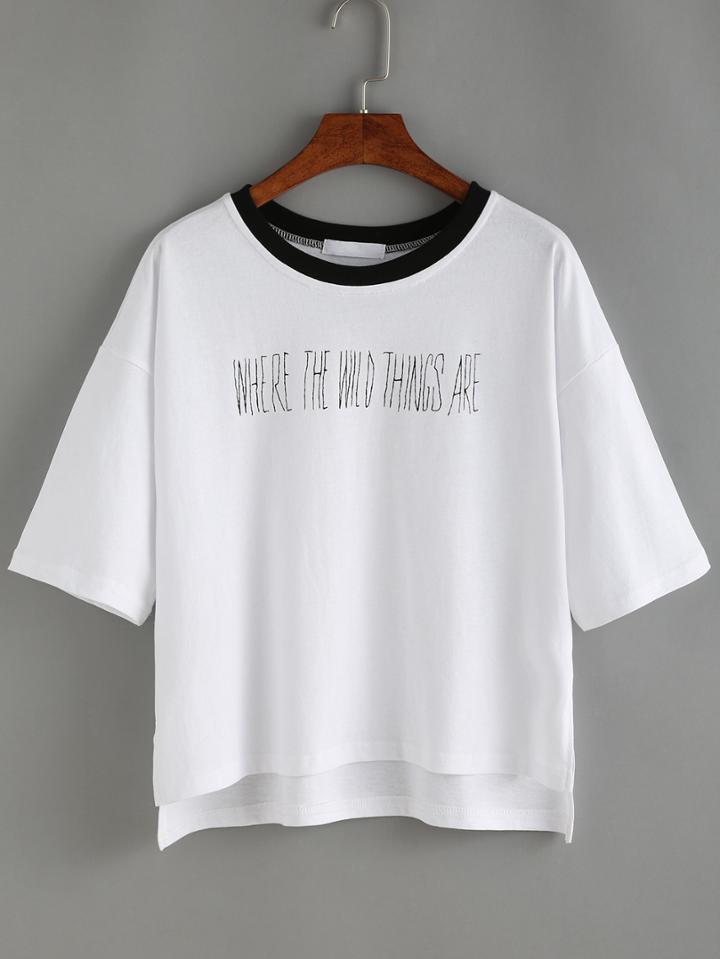 Romwe Contrast Black Neck High Low T-shirt