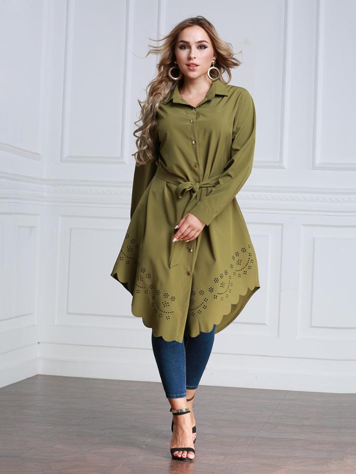 Romwe Scalloped Hem Laser Cut Self Tie Waist Shirt Dress