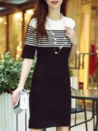 Romwe Black Round Neck Half Sleeve Striped Knit Print Dress