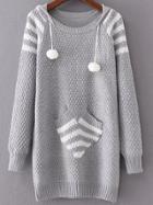 Romwe Grey Ribbed Trim Hooded Long Sweater With Pocket