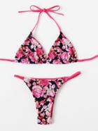 Romwe Rose Print Braided Detail Halter Bikini Set