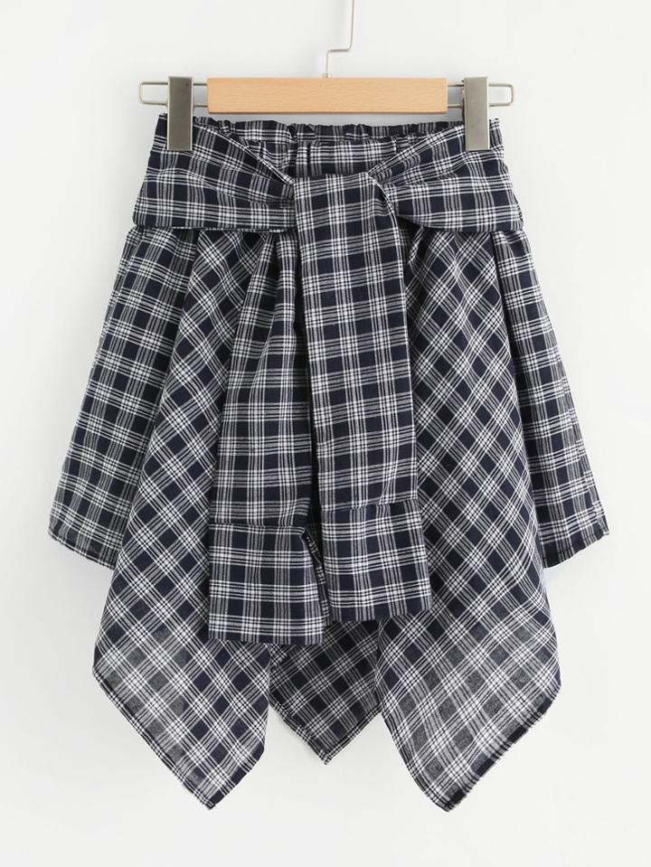 Romwe Knot Front Asymmetrical Checked Skirt