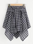 Romwe Knot Front Asymmetrical Checked Skirt