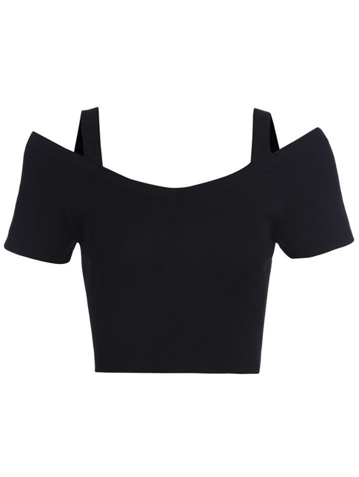 Romwe Open Shoulder Knit Crop Black Top