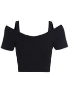 Romwe Open Shoulder Knit Crop Black Top