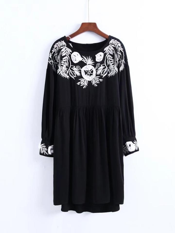 Romwe Flower Embroidery Smock Dress