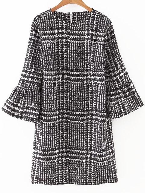 Romwe Black Houndstooth Print Bell Sleeve Dress