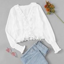 Romwe Contrast Lace Flounce Sleeve Blouse