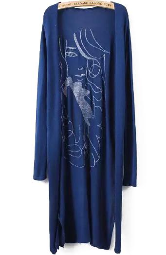 Romwe Beauty Print Long Blue Cardigan