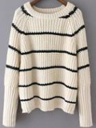 Romwe White Striped Raglan Sleeve Loose Sweater