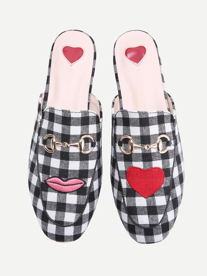 Romwe Black And White Plaid Heart Pattern Loafer Mules