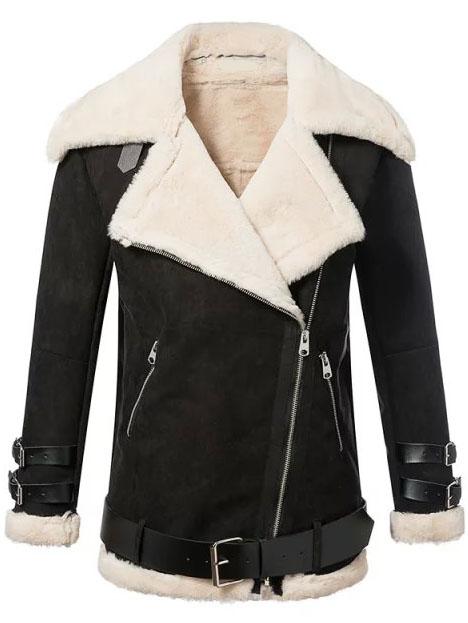 Romwe Lapel Zipper Belt Buckle Black Jacket