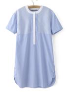 Romwe Blue Stripe Buttons Front Split Side Dress