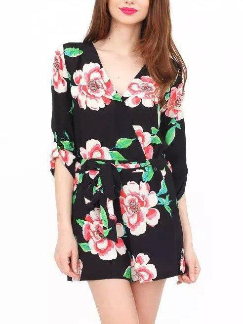Romwe V Neck Flower Print Self-tie Black Romper